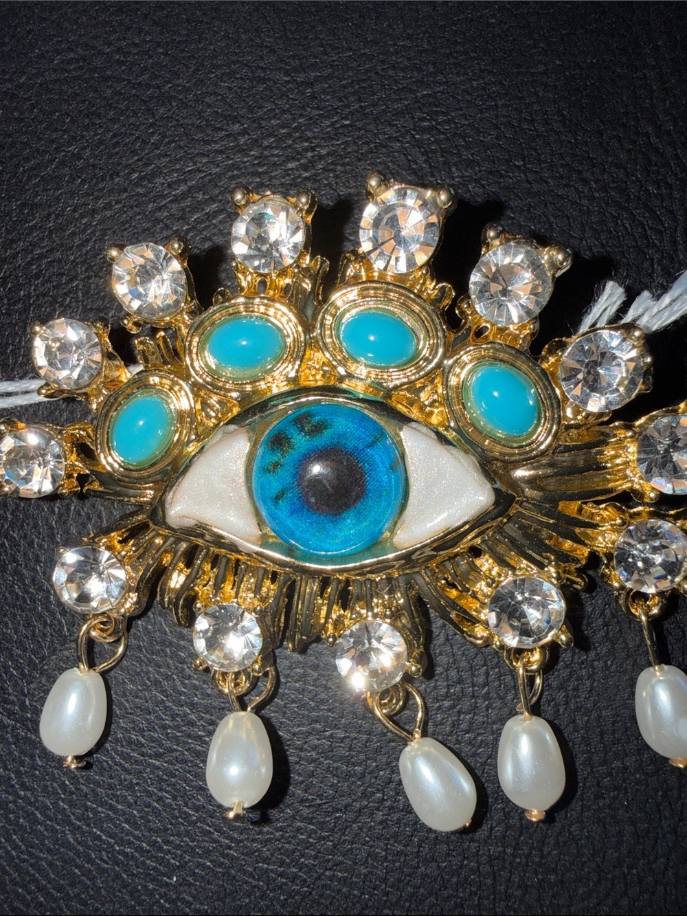 Gold-Tone Blue Evil Eye Brooch with Turquoise Accents and Pearl Drops